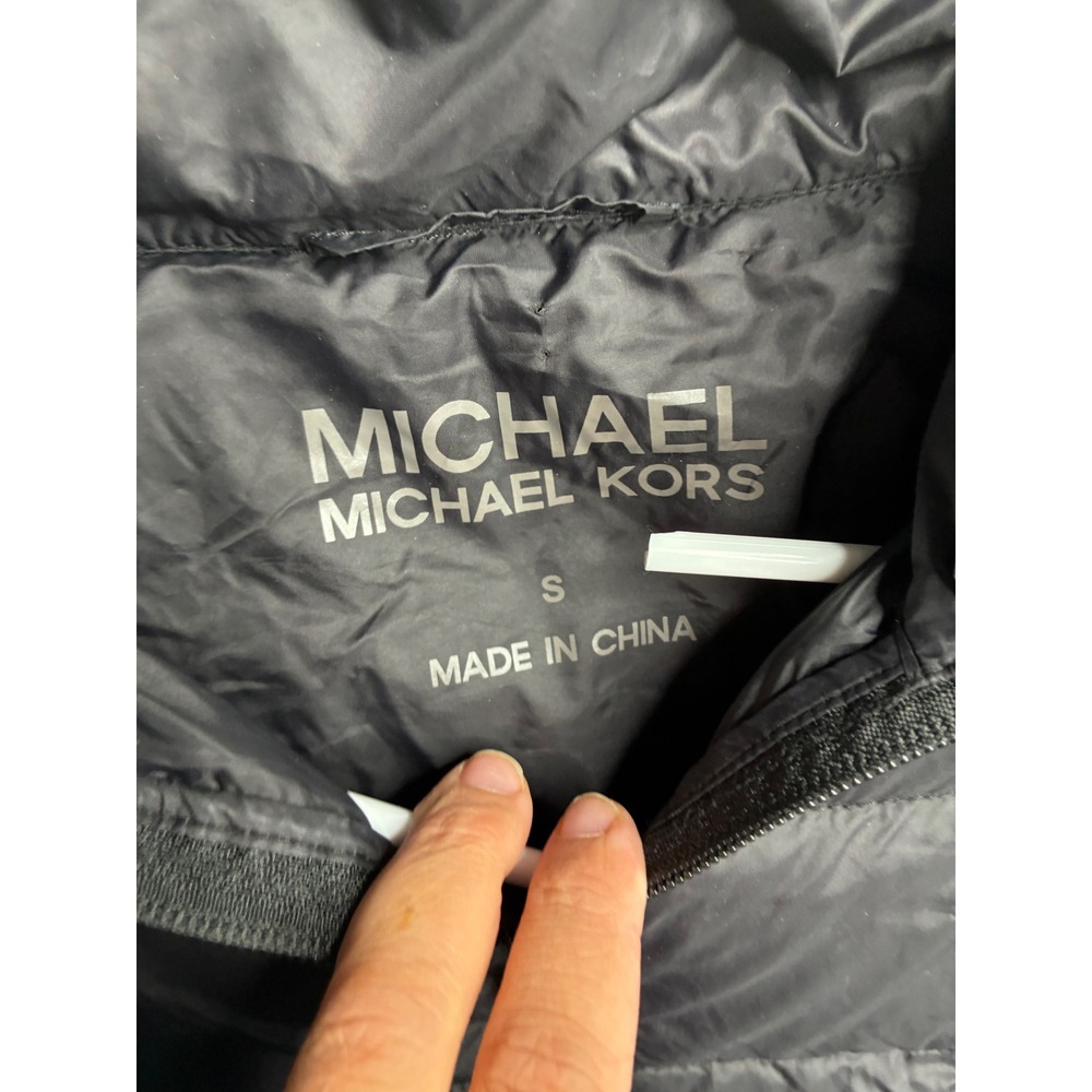 Michael Michael Kors Black Down Puffer Jacket Logo Sleeve Small Funnel Neck - Picture 3 of 13